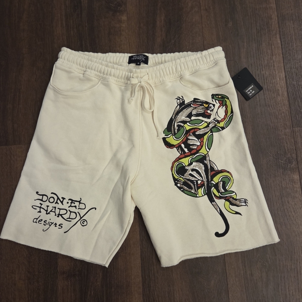 Y2K NWT Ed Hardy Men's Cream Shorts with Snake Graphic